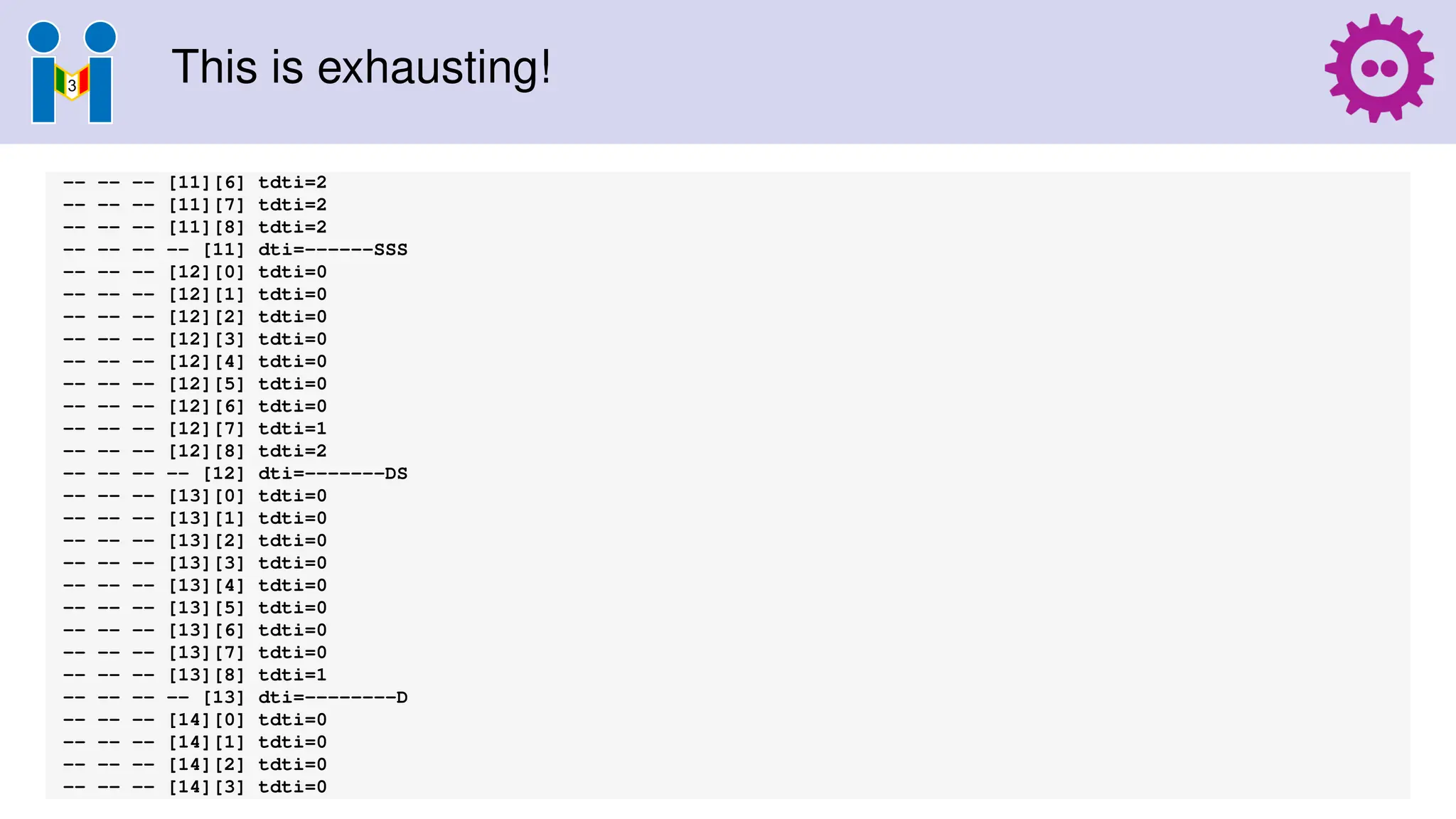 This is exhausting!
-- -- -- [11][6] tdti=2
-- -- -- [11][7] tdti=2
-- -- -- [11][8] tdti=2
-- -- -- -- [11] dti=------SSS
-- -- -- [12][0] tdti=0
-- -- -- [12][1] tdti=0
-- -- -- [12][2] tdti=0
-- -- -- [12][3] tdti=0
-- -- -- [12][4] tdti=0
-- -- -- [12][5] tdti=0
-- -- -- [12][6] tdti=0
-- -- -- [12][7] tdti=1
-- -- -- [12][8] tdti=2
-- -- -- -- [12] dti=-------DS
-- -- -- [13][0] tdti=0
-- -- -- [13][1] tdti=0
-- -- -- [13][2] tdti=0
-- -- -- [13][3] tdti=0
-- -- -- [13][4] tdti=0
-- -- -- [13][5] tdti=0
-- -- -- [13][6] tdti=0
-- -- -- [13][7] tdti=0
-- -- -- [13][8] tdti=1
-- -- -- -- [13] dti=--------D
-- -- -- [14][0] tdti=0
-- -- -- [14][1] tdti=0
-- -- -- [14][2] tdti=0
-- -- -- [14][3] tdti=0
 