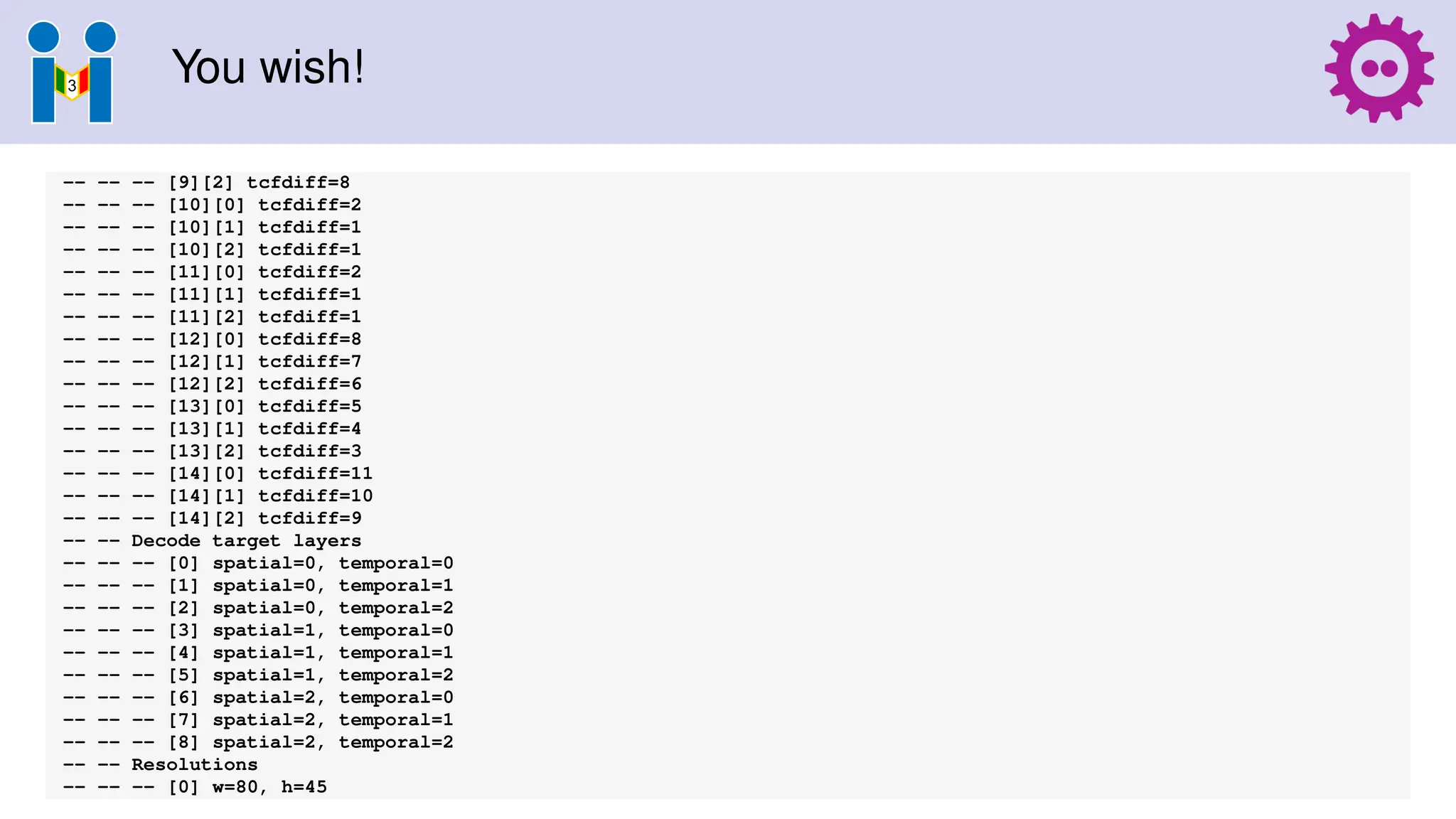 You wish!
-- -- -- [9][2] tcfdiff=8
-- -- -- [10][0] tcfdiff=2
-- -- -- [10][1] tcfdiff=1
-- -- -- [10][2] tcfdiff=1
-- -- -- [11][0] tcfdiff=2
-- -- -- [11][1] tcfdiff=1
-- -- -- [11][2] tcfdiff=1
-- -- -- [12][0] tcfdiff=8
-- -- -- [12][1] tcfdiff=7
-- -- -- [12][2] tcfdiff=6
-- -- -- [13][0] tcfdiff=5
-- -- -- [13][1] tcfdiff=4
-- -- -- [13][2] tcfdiff=3
-- -- -- [14][0] tcfdiff=11
-- -- -- [14][1] tcfdiff=10
-- -- -- [14][2] tcfdiff=9
-- -- Decode target layers
-- -- -- [0] spatial=0, temporal=0
-- -- -- [1] spatial=0, temporal=1
-- -- -- [2] spatial=0, temporal=2
-- -- -- [3] spatial=1, temporal=0
-- -- -- [4] spatial=1, temporal=1
-- -- -- [5] spatial=1, temporal=2
-- -- -- [6] spatial=2, temporal=0
-- -- -- [7] spatial=2, temporal=1
-- -- -- [8] spatial=2, temporal=2
-- -- Resolutions
-- -- -- [0] w=80, h=45
 