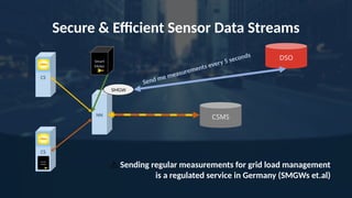 Secure & Efficient Sensor Data Streams
⚠️Sending regular measurements for grid load management
is a regulated service in Germany (SMGWs et.al)
CSMS
CS
CS
NN
DSO
Smart
Meter
SMGW
Smart
Meter
Send me measurements every 5 seconds
 