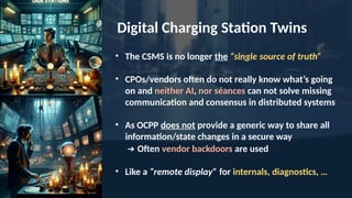 • The CSMS is no longer the “single source of truth”
• CPOs/vendors often do not really know what’s going
on and neither AI, nor séances can not solve missing
communication and consensus in distributed systems
• As OCPP does not provide a generic way to share all
information/state changes in a secure way
➔ Often vendor backdoors are used
• Like a “remote display” for internals, diagnostics, …
Digital Charging Station Twins
 