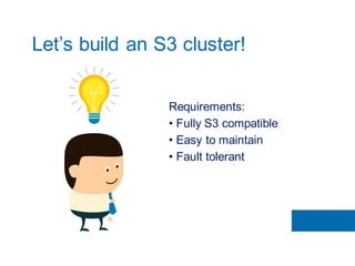 Requirements:
• Fully S3 compatible
• Easy to maintain
• Fault tolerant
Let’s build an S3 cluster!
 