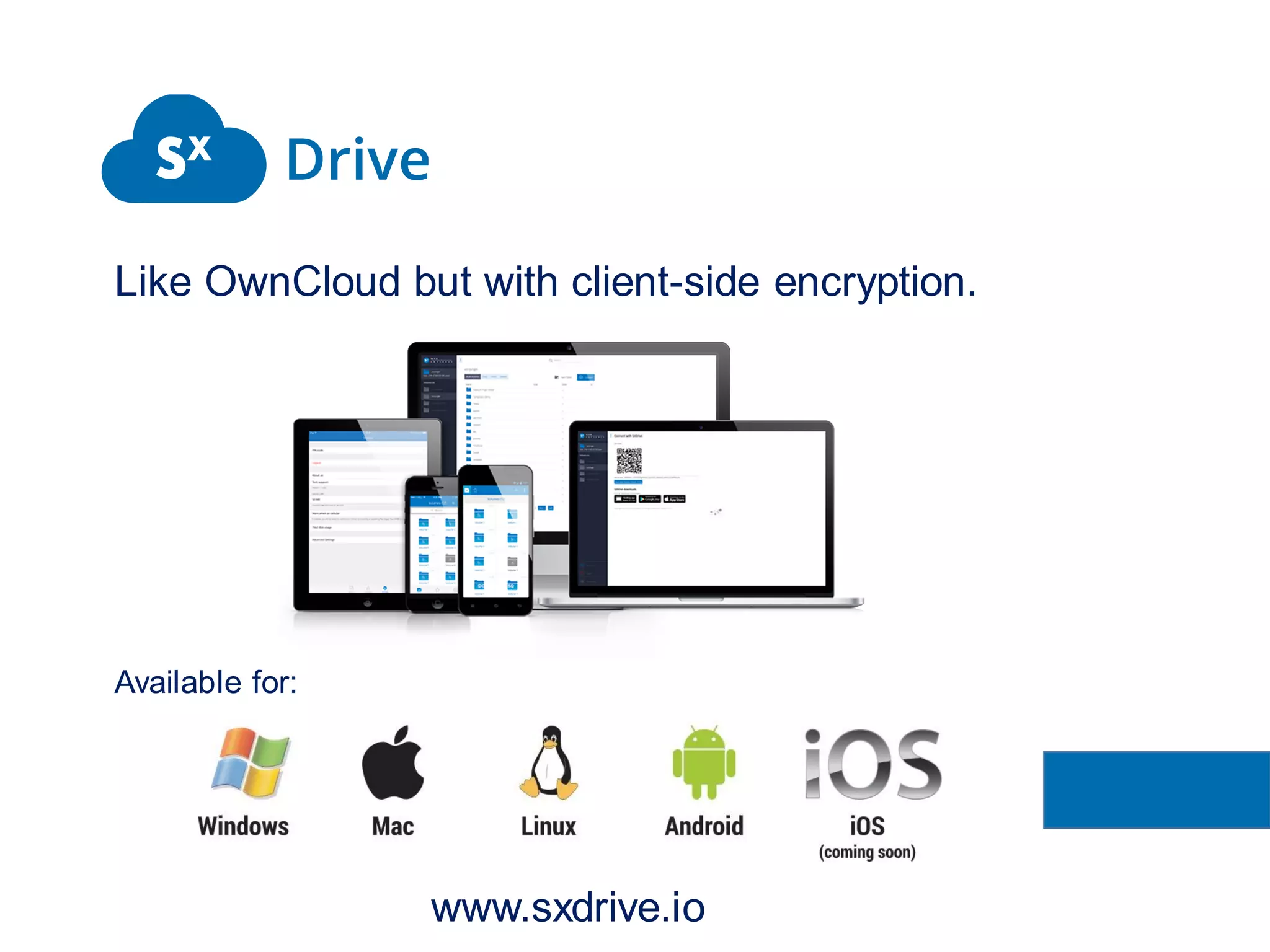 Like OwnCloud but with client-side encryption.
Available for:
www.sxdrive.io
 