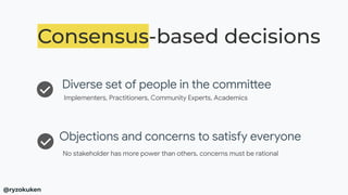 Consensus-based decisions
Diverse set of people in the committee
Implementers, Practitioners, Community Experts, Academics
Objections and concerns to satisfy everyone
No stakeholder has more power than others, concerns must be rational
@ryzokuken
 