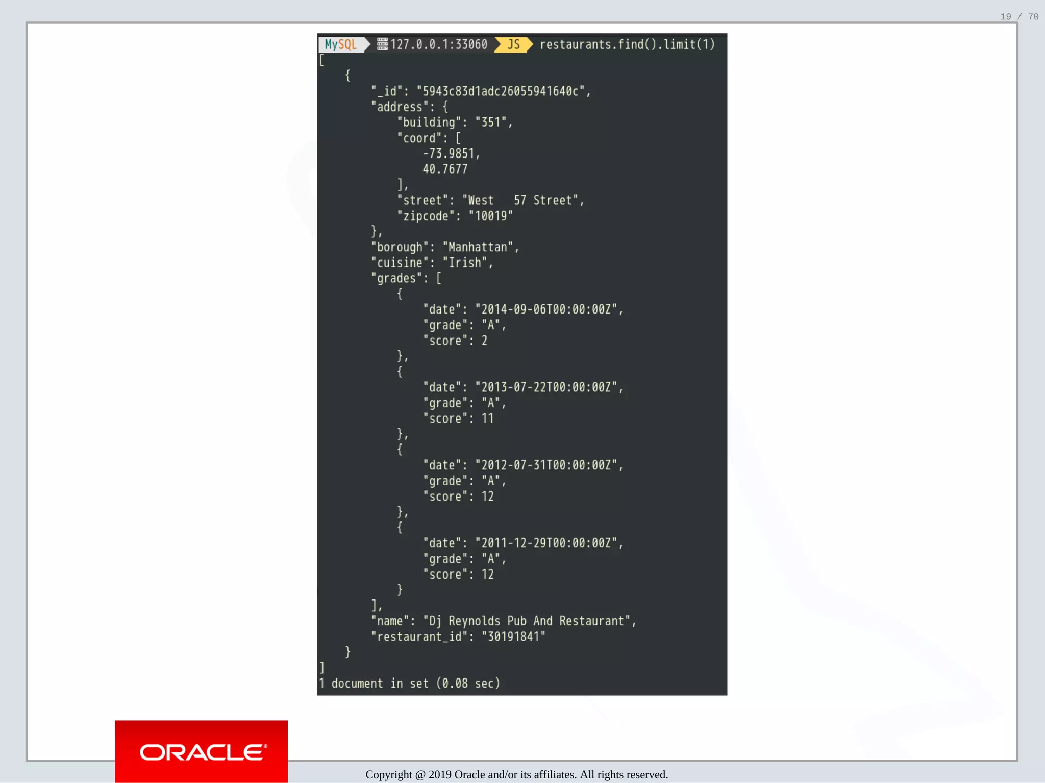 2/6/2019 FOSDEM MySQL, MariaDB & Friends Devroom: MySQL 8.0 Document Store - How to Mix NoSQL & SQL in MySQL 8.0 ﬁle:///home/fred/ownCloud/Presentations/ORACLE/FOSDEM2019/MySQL%208.0%20Document%20Store/pres.html#1 19/70 Copyright @ 2019 Oracle and/or its affiliates. All rights reserved. 19 / 70 