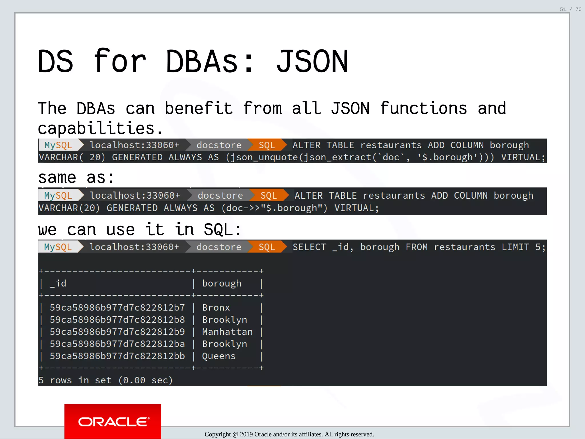 2/6/2019 FOSDEM MySQL, MariaDB & Friends Devroom: MySQL 8.0 Document Store - How to Mix NoSQL & SQL in MySQL 8.0 ﬁle:///home/fred/ownCloud/Presentations/ORACLE/FOSDEM2019/MySQL%208.0%20Document%20Store/pres.html#1 51/70 DS for DBAs: JSON The DBAs can benefit from all JSON functions and capabilities. same as: we can use it in SQL: Copyright @ 2019 Oracle and/or its affiliates. All rights reserved. 51 / 70 