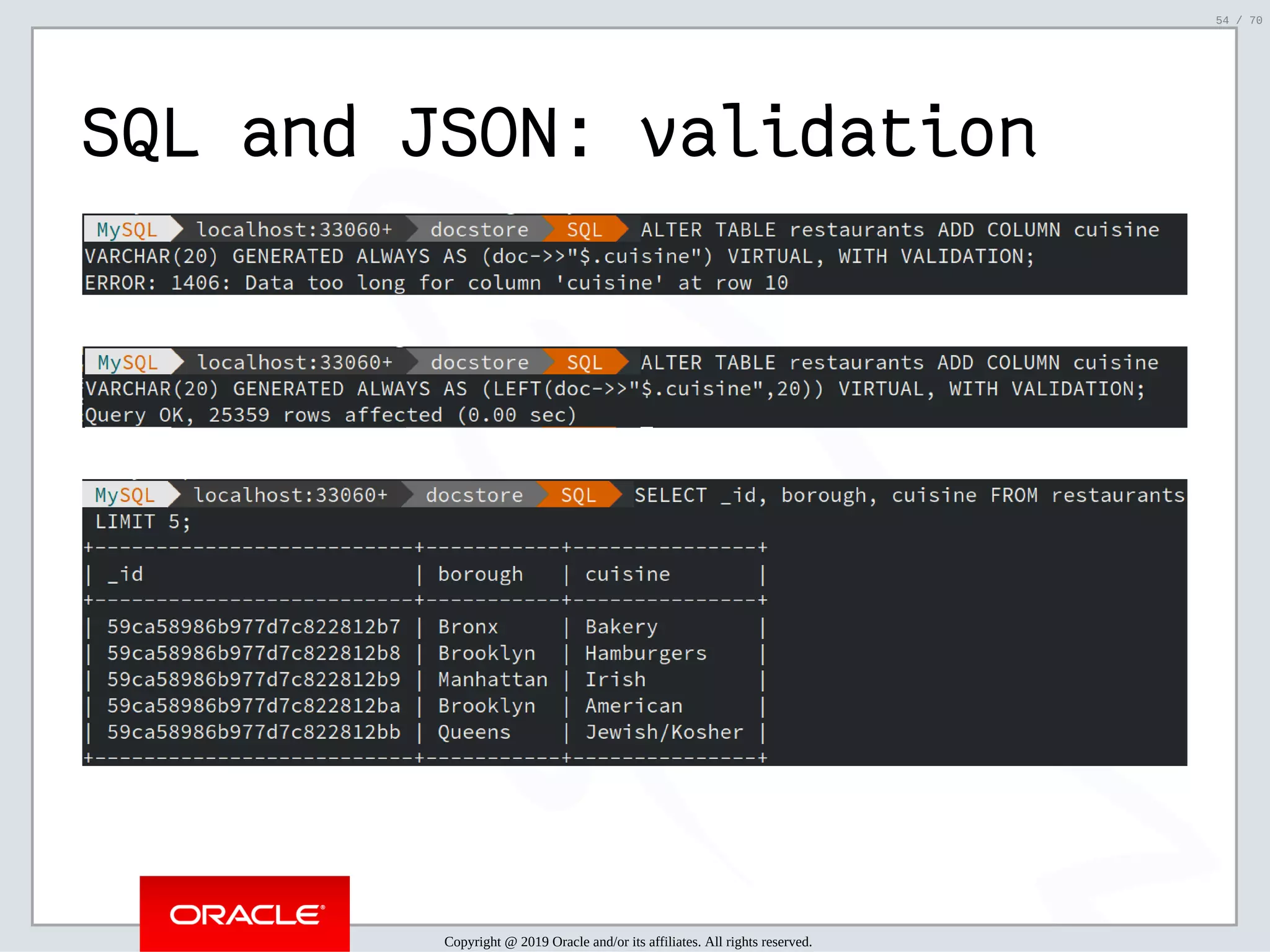 2/6/2019 FOSDEM MySQL, MariaDB & Friends Devroom: MySQL 8.0 Document Store - How to Mix NoSQL & SQL in MySQL 8.0 ﬁle:///home/fred/ownCloud/Presentations/ORACLE/FOSDEM2019/MySQL%208.0%20Document%20Store/pres.html#1 54/70 SQL and JSON: validation Copyright @ 2019 Oracle and/or its affiliates. All rights reserved. 54 / 70 