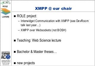ROLE
                                        XMPP @ our chair
 LAYERS                     ROLE project
                             – Interwidget Communication with XMPP (see DevRoom
                               talk last year…)
                             – XMPP over Websockets (not BOSH)


                            Teaching: Web Science lecture

                            Bachelor & Master theses…

Lehrstuhl Informatik 5
(Information Systems)
   Prof. Dr. M. Jarke
  I5-FL-0213-13
                            new projects
 