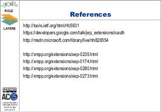 ROLE
                                                  References
 LAYERS
                         http://tools.ietf.org/html/rfc5631
                         https://developers.google.com/talk/jep_extensions/oauth
                         http://msdn.microsoft.com/library/live/hh826554

                         http://xmpp.org/extensions/xep-0235.html
                         http://xmpp.org/extensions/xep-0174.html
                         http://xmpp.org/extensions/xep-0280.html
                         http://xmpp.org/extensions/xep-0273.html




Lehrstuhl Informatik 5
(Information Systems)
   Prof. Dr. M. Jarke
  I5-FL-0213-17
 