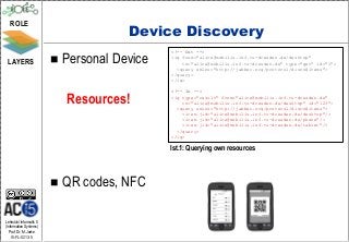 ROLE
                                        Device Discovery
                             Personal Device
                                               <!-- Out -->

 LAYERS                                       <iq from="alice@mobilis.inf.tu-dresden.de/desktop"
                                                   to="alice@mobilis.inf.tu-dresden.de" type="get" id="1">
                                                 <query xmlns="http://jabber.org/protocol/disco#items">
                                               </query>
                                               </iq>

                                               <!-- In -->

                             Resources!        <iq type="result" from="alice@mobilis.inf.tu-dresden.de"
                                                   to="alice@mobilis.inf.tu-dresden.de/desktop" id="123">
                                                 <query xmlns="http://jabber.org/protocol/disco#items">
                                                   <item jid="alice@mobilis.inf.tu-dresden.de/desktop"/>
                                                   <item jid="alice@mobilis.inf.tu-dresden.de/phone"/>
                                                   <item jid="alice@mobilis.inf.tu-dresden.de/tablet"/>
                                                 </query>
                                               </iq>

                                               lst.1: Querying own resources




                            QR codes, NFC

Lehrstuhl Informatik 5
(Information Systems)
   Prof. Dr. M. Jarke
   I5-FL-0213-5
 