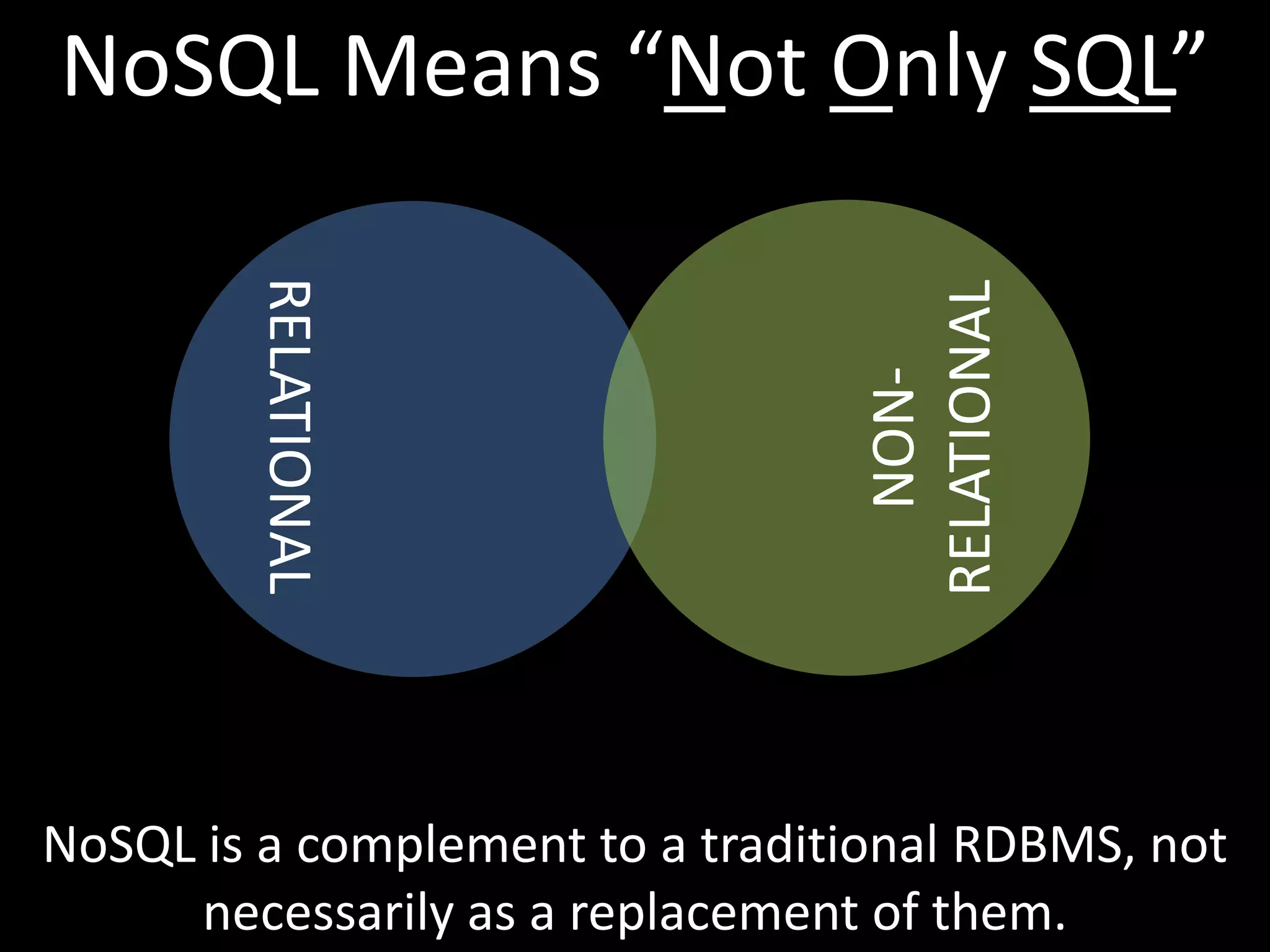 NoSQL Means “Not Only SQL”
        RELATIONAL




                                  RELATIONAL
                                     NON-
NoSQL is a complement to a traditional RDBMS, not
      necessarily as a replacement of them.
 