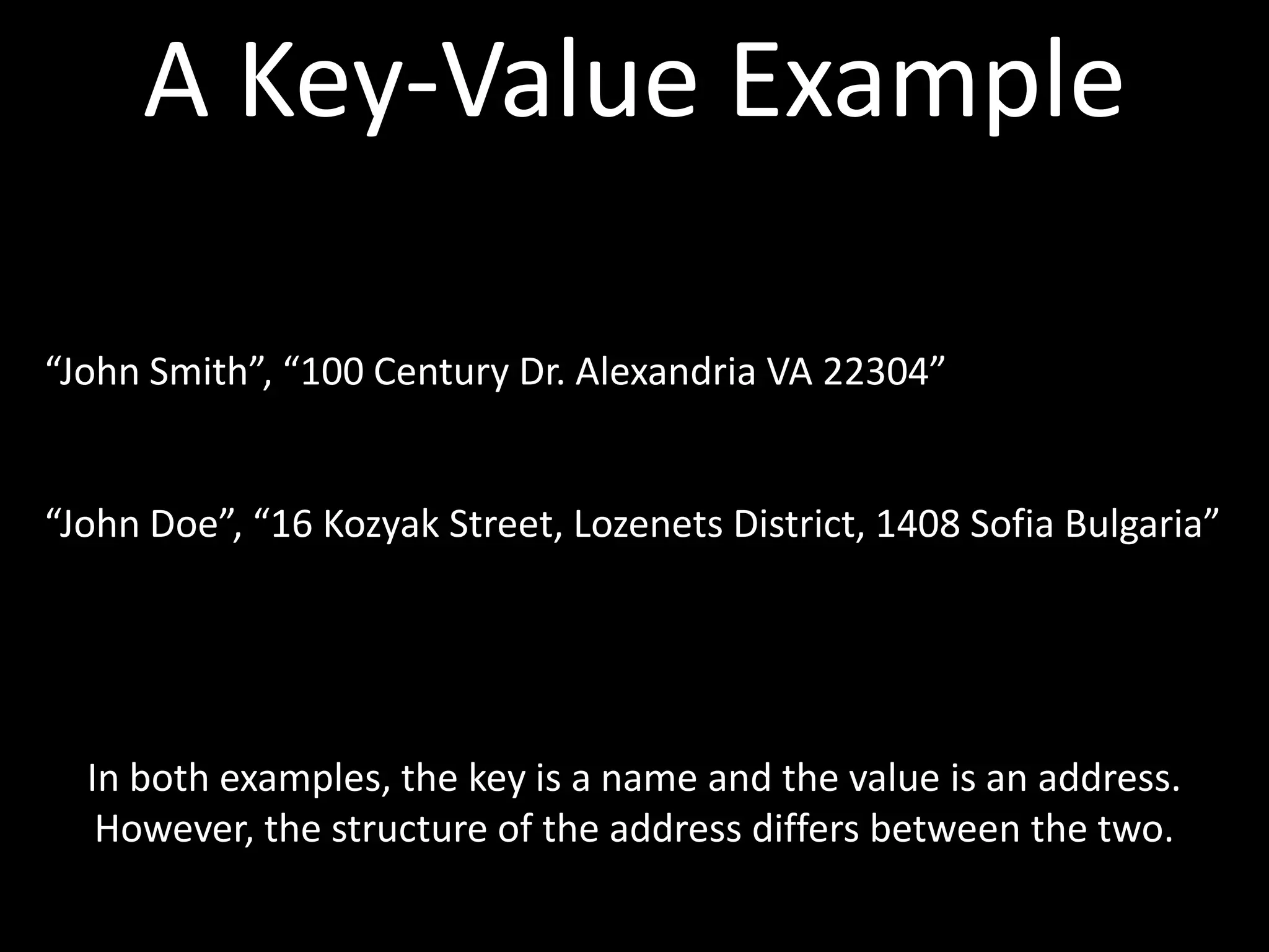 A Key-Value Example

“John Smith”, “100 Century Dr. Alexandria VA 22304”


“John Doe”, “16 Kozyak Street, Lozenets District, 1408 Sofia Bulgaria”




  In both examples, the key is a name and the value is an address.
   However, the structure of the address differs between the two.
 