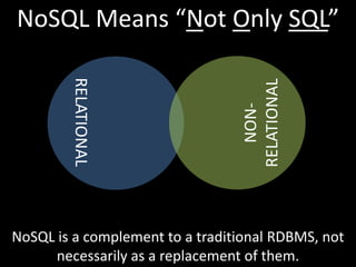 NoSQL Means “Not Only SQL”
        RELATIONAL




                                  RELATIONAL
                           ...