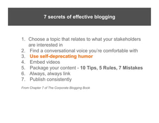 It’s	
  (Always)	
  tsecrets of effective blogging
               7 he	
  Content	
  



 1.  Choose a topic that relates to what your stakeholders
     are interested in
 2.  Find a conversational voice you’re comfortable with
 3.  Use self-deprecating humor
 4.  Embed videos
 5.  Package your content - 10 Tips, 5 Rules, 7 Mistakes
 6.  Always, always link
 7.  Publish consistently
 From Chapter 7 of The Corporate Blogging Book
 