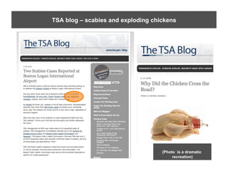 TSA blog – scabies and exploding chickens




                                    (Photo is a dramatic
                                         recreation)
 