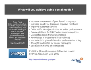 What will you achieve using social media?



       Proof Point:           •  Increase awareness of your brand or agency
Dell’s social media efforts   •  Increase positive / decrease negative mentions
resulted in negative online
 sentiment declining from
                              •  Improve customer service
 48% to 23% from August       •  Drive traffic to a specific site for sales or downloads
     2006 to mid-2008,
    according to Dell’s
                              •  Create platform for 24X7 crisis communications
    Richard Binhammer         •  Collect feedback from stakeholders
  (Senior Mgr, Corporate      •  Knowledge management (internal use)
          Comms)
                              •  Innovate through collaboration and crowdsourcing
   http://bit.ly/c8KMgM       •  Thought leadership for senior managers
                              •  Build a community of evangelists

                              Fulfill the Open Government Directive issued
                              by Pres. Obama in Dec. 2009

                              http://www.whitehouse.gov/open
 
