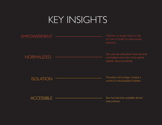 KEY INSIGHTS
EMPOWERMENT Women no longer have to rely
on men in order to seek sexual
pleasure.
Sex and sex education have become
normalized and a lot more openly
spoken about positively.
Nowdays technology created a
world of individualized bubbles.
Sex has become available almost
everywhere.
NORMALIZED
ISOLATION
ACCESSIBLE
 
