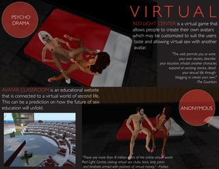 V I RT U A L
“There are more than 8 million users of the online virtual world
Red Light Centre, visiting virtual sex clubs, bars, strip joints
and brothels armed with packets of virtual money” –Forbes
RED LIGHT CENTER is a virtual game that
allows people to create their own avatars
which may be customized to suit the users
taste and allowing virtual sex with another
avatar.
AVATAR CLASSROOM is an educational website
that is connected to a virtual world of second life.
This can be a prediction on how the future of sex
education will unfold.
"The web permits you to write
your own stories, describe
your situation, inhabit another character,
expand on existing stories, detail
your sexual life through
blogging or create your own."
-The Guardian
ANONYMOUS
PSYCHO
DRAMA
 