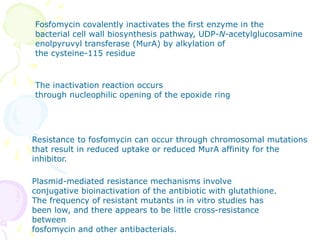 Fosfomycin covalently inactivates the first enzyme in the
bacterial cell wall biosynthesis pathway, UDP-N-acetylglucosamine
enolpyruvyl transferase (MurA) by alkylation of
the cysteine-115 residue
The inactivation reaction occurs
through nucleophilic opening of the epoxide ring
Resistance to fosfomycin can occur through chromosomal mutations
that result in reduced uptake or reduced MurA affinity for the
inhibitor.
Plasmid-mediated resistance mechanisms involve
conjugative bioinactivation of the antibiotic with glutathione.
The frequency of resistant mutants in in vitro studies has
been low, and there appears to be little cross-resistance
between
fosfomycin and other antibacterials.
 