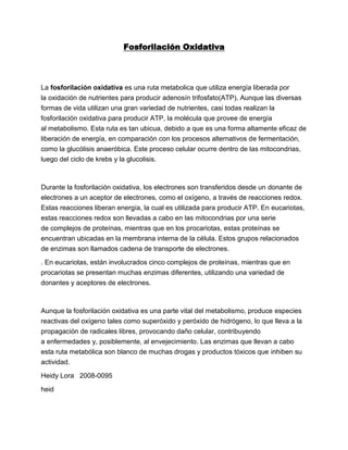 Fosforilación Oxidativa<br />La fosforilación oxidativa es una ruta metabolica que utiliza energía liberada por la oxidación de nutrientes para producir adenosín trifosfato(ATP). Aunque las diversas formas de vida utilizan una gran variedad de nutrientes, casi todas realizan la fosforilación oxidativa para producir ATP, la molécula que provee de energía al metabolismo. Esta ruta es tan ubicua, debido a que es una forma altamente eficaz de liberación de energía, en comparación con los procesos alternativos de fermentación, como la glucólisis anaeróbica. Este proceso celular ocurre dentro de las mitocondrias, luego del ciclo de krebs y la glucolisis.<br />Durante la fosforilación oxidativa, los electrones son transferidos desde un donante de electrones a un aceptor de electrones, como el oxígeno, a través de reacciones redox. Estas reacciones liberan energía, la cual es utilizada para producir ATP. En eucariotas, estas reacciones redox son llevadas a cabo en las mitocondrias por una serie de complejos de proteínas, mientras que en los procariotas, estas proteínas se encuentran ubicadas en la membrana interna de la célula. Estos grupos relacionados de enzimas son llamados cadena de transporte de electrones.<br />. En eucariotas, están involucrados cinco complejos de proteínas, mientras que en procariotas se presentan muchas enzimas diferentes, utilizando una variedad de donantes y aceptores de electrones.<br />Aunque la fosforilación oxidativa es una parte vital del metabolismo, produce especies reactivas del oxígeno tales como superóxido y peróxido de hidrógeno, lo que lleva a la propagación de radicales libres, provocando daño celular, contribuyendo a enfermedades y, posiblemente, al envejecimiento. Las enzimas que llevan a cabo esta ruta metabólica son blanco de muchas drogas y productos tóxicos que inhiben su actividad. <br />Heidy Lora   2008-0095<br />heid<br />