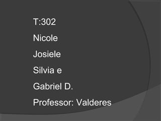 T:302
Nicole
Josiele
Silvia e
Gabriel D.
Professor: Valderes
 