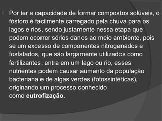    Por ter a capacidade de formar compostos solúveis, o 
    fósforo é facilmente carregado pela chuva para os 
    lagos e rios, sendo justamente nessa etapa que 
    podem ocorrer sérios danos ao meio ambiente, pois 
    se um excesso de componentes nitrogenados e 
    fosfatados, que são largamente utilizados como 
    fertilizantes, entra em um lago ou rio, esses 
    nutrientes podem causar aumento da população 
    bacteriana e de algas verdes (fotossintéticas), 
    originando um processo conhecido 
    como eutrofização.
 