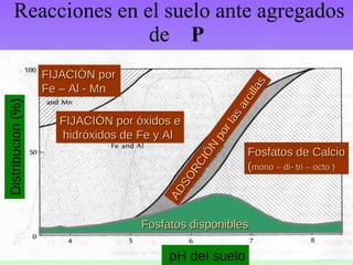 Reacciones en el suelo ante agregados de  P pH del suelo Fosfatos de Calcio ( mono – di- tri – octo ) Distribucion (%) FIJ...