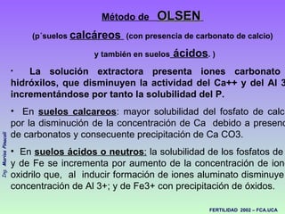 <ul><li>Método de  OLSEN   </li></ul><ul><li>(p´ suelos  calcáreos  (con presencia de  c arbonato de calcio) </li></ul><ul...