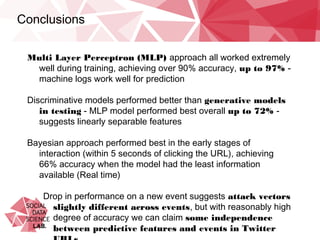 Conclusions
Multi Layer Perceptron (MLP) approach all worked extremely well
during training, achieving over 90% accuracy, up to 97% - machine
logs work well for prediction
Discriminative models performed better than generative models in
testing - MLP model performed best overall up to 72% - suggests
linearly separable features
Bayesian approach performed best in the early stages of interaction
(within 5 seconds of clicking the URL), achieving 66% accuracy when
the model had the least information available (Real time)
Drop in performance on a new event suggests attack vectors
slightly different across events, but with reasonably high degree
of accuracy we can claim some independence between
predictive features and events in Twitter URLs
 