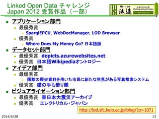 Linked Open Data チャレンジ
Japan 2012 受賞作品（一部）
 アプリケーション部門
 最優秀賞
 SparqlEPCU，WebDocManager，LOD Browser
 優秀賞
 Where Does My Money Go? 日本語版
 データセット部門
 最優秀賞 depicts.azurewebsites.net
 優秀賞 日本語Wikipediaオントロジー
 アイデア部門
 最優秀賞
 函館の歴史資料を用いた市民に新たな発見がある写真検索システム
 優秀賞 猫の手も借り隊
 ビジュアライゼーション部門
 最優秀賞 東日本大震災アーカイブ
 優秀賞 エレクトリカル・ジャパン
2014/6/28 13
http://lod.sfc.keio.ac.jp/blog/?p=1071
 