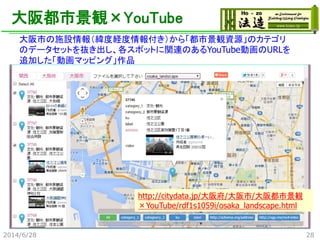 大阪都市景観×YouTube
大阪市の施設情報（緯度経度情報付き）から「都市景観資源」のカテゴリ
のデータセットを抜き出し、各スポットに関連のあるYouTube動画のURLを
追加した「動画マッピング」作品
http://citydata.jp/大阪府/大阪市/大阪都市景観
×YouTube/rdf1s1059i/osaka_landscape.html
2014/6/28 28
 
