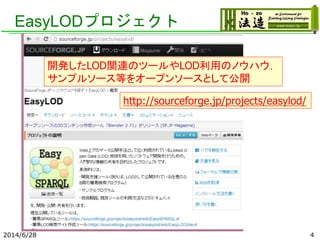 EasyLODプロジェクト
2014/6/28 4
開発したLOD関連のツールやLOD利用のノウハウ，
サンプルソース等をオープンソースとして公開
http://sourceforge.jp/projects/easylod/
 