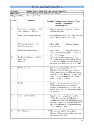 26 
Standard Operating Procedure No: 12 
Process : 
How to escort a first time visit guest to his room 
Objective : 
To orient the guest to the hotel and his room 
Responsibility : 
Front Office Staff 
S.No. 
Procedure 
Standard (Measurement, Number, Time, Quantity, Precautions, Phraseology etc.) 
1. 
Case study of escorting of a first time visit guest to the room Open hand gestures to be used On entering the guest room- For a domestic guest For an International guest 
 Guest is escorted to the room by Guest Relation Executive 
 Open hand gestures be used while direction guest. “This way please Mr. / Ms. …” 
 Here is The ______ Welcome letter for you Mr./ Ms._____ 
 Here is The ______ Welcome letter and a small souvenir(showing The Tea Box) for you Mr./ Ms.____ 
2. 
Explain the facilities of the hotel to the guest Pickwicks 
 “Amongst the dining options we have Pickwicks, the multi cuisine all day dining which is open 24 Hrs. Your breakfast will be served here from 0700 Hrs – 1030 Hrs 
3. 
Dhaba and Jade 
 Jade serves authentic Chinese from Mainland China. Dhaba is our signature Indian restaurant serving Highway cuisine from North India. Both are open for lunch from 1230 Hrs – 1445 Hrs and Dinner from 1930 Hrs – 2330 Hrs 
4. 
Sevilla 
 Sevilla which serves authentic & inspired Mediterranean cuisine has an indoor- outdoor ambience and is open only for dinner from 1930 Hrs 0030 Hrs and closed on Tuesdays 
5. 
Aura – The Vodka bar 
 We also have a lounge bar - Aura-The Vodka Bar stocking over 70 brands of vodka from across the world, besides other premium spirits. It is open daily from 1600 Hrs to 0100HRS with Happy Hours from 1700 – 2000 HRS daily 
6. 
Ye Old Bakery 
 The patisserie Ye Old Bakery has a selection of cakes, pastries, chocolates and savories to choose from 
 