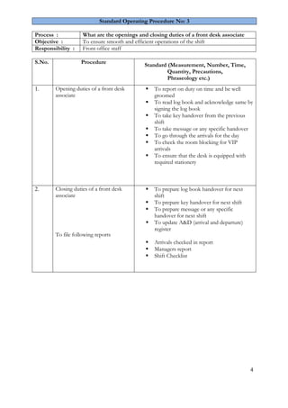4 
Standard Operating Procedure No: 3 
Process : 
What are the openings and closing duties of a front desk associate 
Objective : 
To ensure smooth and efficient operations of the shift 
Responsibility : 
Front office staff 
S.No. 
Procedure 
Standard (Measurement, Number, Time, Quantity, Precautions, Phraseology etc.) 
1. 
Opening duties of a front desk associate 
 To report on duty on time and be well groomed 
 To read log book and acknowledge same by signing the log book 
 To take key handover from the previous shift 
 To take message or any specific handover 
 To go through the arrivals for the day 
 To check the room blocking for VIP arrivals 
 To ensure that the desk is equipped with required stationery 
2. 
Closing duties of a front desk associate To file following reports 
 To prepare log book handover for next shift 
 To prepare key handover for next shift 
 To prepare message or any specific handover for next shift 
 To update A&D (arrival and departure) register 
 Arrivals checked in report 
 Managers report 
 Shift Checklist 
 