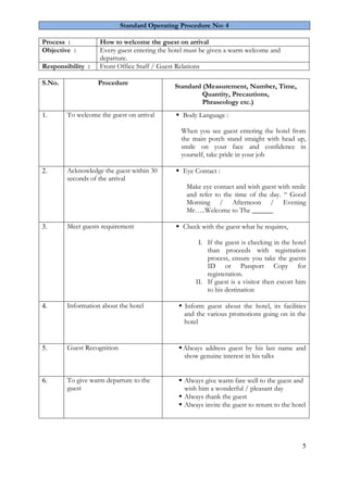 5 
Standard Operating Procedure No: 4 
Process : 
How to welcome the guest on arrival 
Objective : 
Every guest entering the hotel must be given a warm welcome and departure. 
Responsibility : 
Front Office Staff / Guest Relations 
S.No. 
Procedure 
Standard (Measurement, Number, Time, Quantity, Precautions, Phraseology etc.) 
1. 
To welcome the guest on arrival 
 Body Language : 
When you see guest entering the hotel from the main porch stand straight with head up, smile on your face and confidence in yourself, take pride in your job 
2. 
Acknowledge the guest within 30 seconds of the arrival 
 Eye Contact : 
Make eye contact and wish guest with smile and refer to the time of the day. “ Good Morning / Afternoon / Evening Mr…..Welcome to The ______ 
3. 
Meet guests requirement 
 Check with the guest what he requires, 
I. If the guest is checking in the hotel than proceeds with registration process, ensure you take the guests ID or Passport Copy for registeration. 
II. If guest is a visitor then escort him to his destination 
4. 
Information about the hotel 
 Inform guest about the hotel, its facilities and the various promotions going on in the hotel 
5. 
Guest Recognition 
 Always address guest by his last name and show genuine interest in his talks 
6. 
To give warm departure to the guest 
 Always give warm fare well to the guest and wish him a wonderful / pleasant day 
 Always thank the guest 
 Always invite the guest to return to the hotel 
 