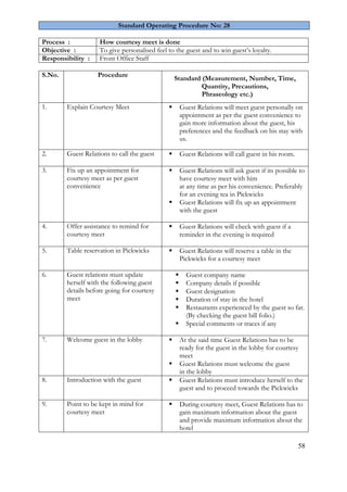 58 
Standard Operating Procedure No: 28 
Process : 
How courtesy meet is done 
Objective : 
To give personalised feel to the guest and to win guest’s loyalty. 
Responsibility : 
Front Office Staff 
S.No. 
Procedure 
Standard (Measurement, Number, Time, Quantity, Precautions, Phraseology etc.) 
1. 
Explain Courtesy Meet 
 Guest Relations will meet guest personally on appointment as per the guest convenience to gain more information about the guest, his preferences and the feedback on his stay with us. 
2. 
Guest Relations to call the guest 
 Guest Relations will call guest in his room. 
3. 
Fix up an appointment for courtesy meet as per guest convenience 
 Guest Relations will ask guest if its possible to have courtesy meet with him 
at any time as per his convenience. Preferably for an evening tea in Pickwicks 
 Guest Relations will fix up an appointment with the guest 
4. 
Offer assistance to remind for courtesy meet 
 Guest Relations will check with guest if a reminder in the evening is required 
5. 
Table reservation in Pickwicks 
 Guest Relations will reserve a table in the Pickwicks for a courtesy meet 
6. 
Guest relations must update herself with the following guest details before going for courtesy meet 
 Guest company name 
 Company details if possible 
 Guest designation 
 Duration of stay in the hotel 
 Restaurants experienced by the guest so far. (By checking the guest bill folio.) 
 Special comments or traces if any 
7. 
Welcome guest in the lobby 
 At the said time Guest Relations has to be ready for the guest in the lobby for courtesy meet 
 Guest Relations must welcome the guest 
in the lobby 
8. 
Introduction with the guest 
 Guest Relations must introduce herself to the guest and to proceed towards the Pickwicks 
9. 
Point to be kept in mind for courtesy meet 
 During courtesy meet, Guest Relations has to gain maximum information about the guest and provide maximum information about the hotel  