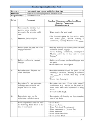 6 
Standard Operating Procedure No: 5 
Process : 
How to welcome a guest on his first time visit 
Objective : 
To create everlasting impression about the hotel. 
Responsibility : 
Front Office Staff 
S.No. 
Procedure 
Standard (Measurement, Number, Time, Quantity, Precautions, Phraseology etc.) 
1. 
Case study of a first time visit guest on arrival when he approaches the reception on his own Doormen greets the guest 
 Guest reaches the hotel porch 
 The doorman opens the door with a smile and wishes guest, “Good Morning / Afternoon / Evening, Welcome to the _____ 
2. 
Bellboy greets the guest and offers baggage assistance 
 Bell boy wishes guest the time of the day and assist him with his baggage. 
“Good Morning / Afternoon / Evening Sir / Madam, Allow me to take care of your baggage” 
3. 
Bellboy confirms the count of baggage 
 Bellboy confirms the number of baggage with the guest. 
 Guest approaches the reception 
4. 
Reception greets the guest and offers assistance 
 Reception associate wishes the guest, “Good Morning / Afternoon / Evening, Welcome to The _____ Sir / Madam. How may I assist you?” 
 Guest: I am checking in 
5. 
Reception offers seat assistance, makes guest comfortable and request for his last name 
 Reception Associate: “Please make yourself comfortable, May I request you for your Last name under which the reservation is being made” 
Guest: I am Mr. Singh. 
6. 
Receptionist takes out the registration card of the guest 
 Receptionist will then take out the registration card of Mr. Singh 
7. 
Guest registration card will have the following details taken at the time of reservation 
 Guest Name 
 Guest Co. Name 
 Guest Arrival and Departure date 
 Guest room category ( booked for) 
 Guest room rate 
 Guest credit card details 
 Guest contact details  