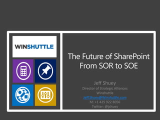Jeff Shuey
Director of Strategic Alliances
         Winshuttle
Jeff.Shuey@Winshuttle.com
     M: +1 425 922 8056
      Twitter: @jshuey
 