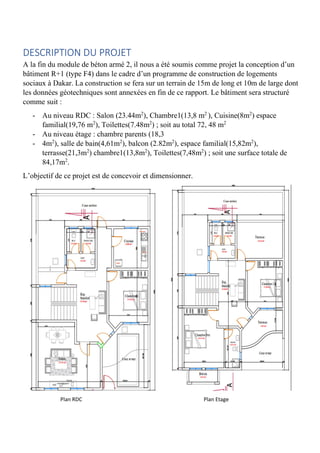 DESCRIPTION DU PROJET
A la fin du module de béton armé 2, il nous a été soumis comme projet la conception d’un
bâtiment R+1 (type F4) dans le cadre d’un programme de construction de logements
sociaux à Dakar. La construction se fera sur un terrain de 15m de long et 10m de large dont
les données géotechniques sont annexées en fin de ce rapport. Le bâtiment sera structuré
comme suit :
- Au niveau RDC : Salon (23.44m2
), Chambre1(13,8 m2
), Cuisine(8m2
) espace
familial(19,76 m2
), Toilettes(7.48m2
) ; soit au total 72, 48 m2
- Au niveau étage : chambre parents (18,3
- 4m2
), salle de bain(4,61m2
), balcon (2.82m2
), espace familial(15,82m2
),
terrasse(21,3m2
) chambre1(13,8m2
), Toilettes(7,48m2
) ; soit une surface totale de
84,17m2
.
L’objectif de ce projet est de concevoir et dimensionner.
Plan RDC Plan Etage
 