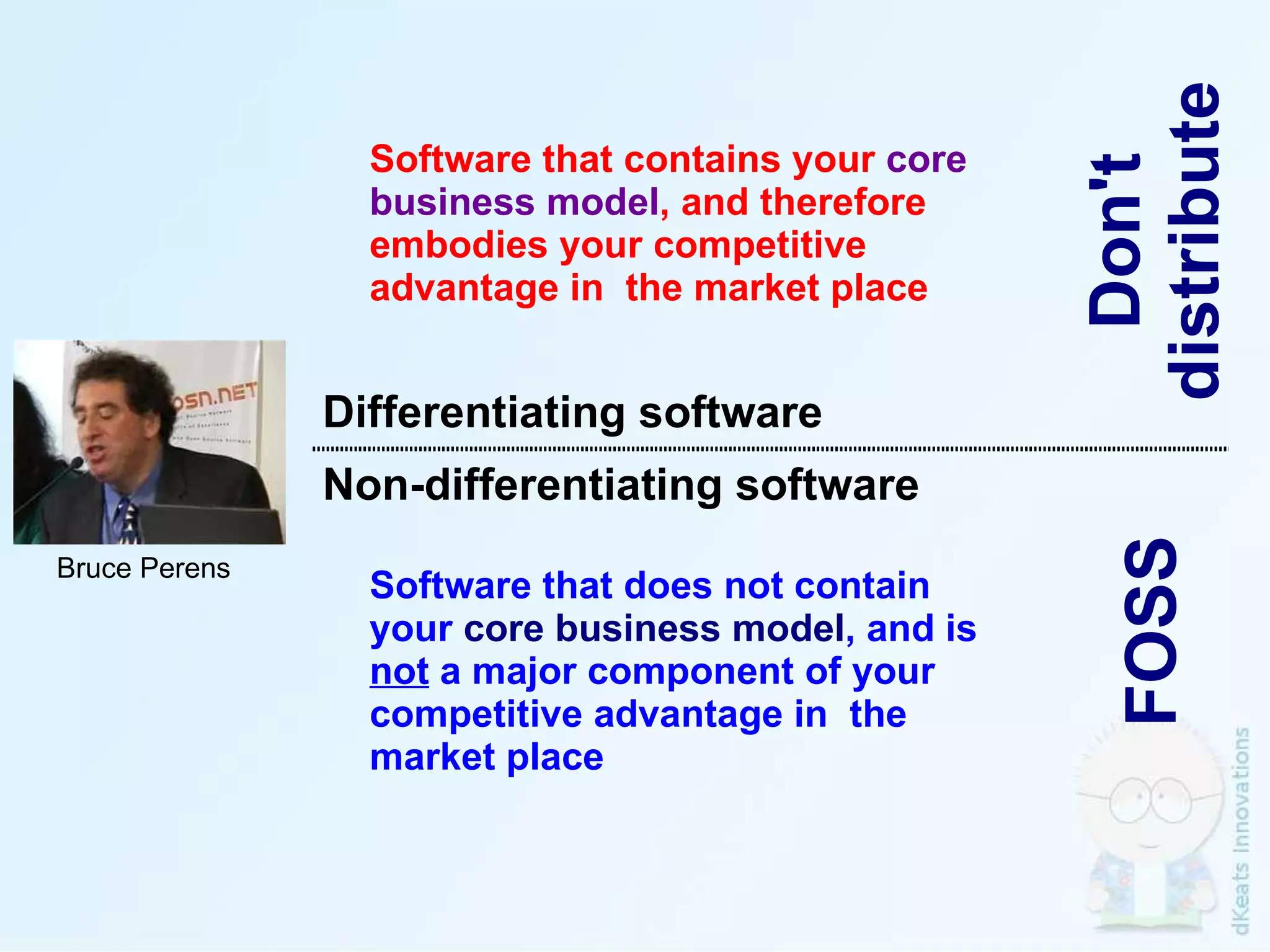 Software that contains your   core business model , and therefore embodies your competitive advantage in  the market place Software that does not contain your  core business model , and is  not  a major component of your competitive advantage in  the market place FOSS Don't distribute Bruce Perens Differentiating software Non-differentiating software 