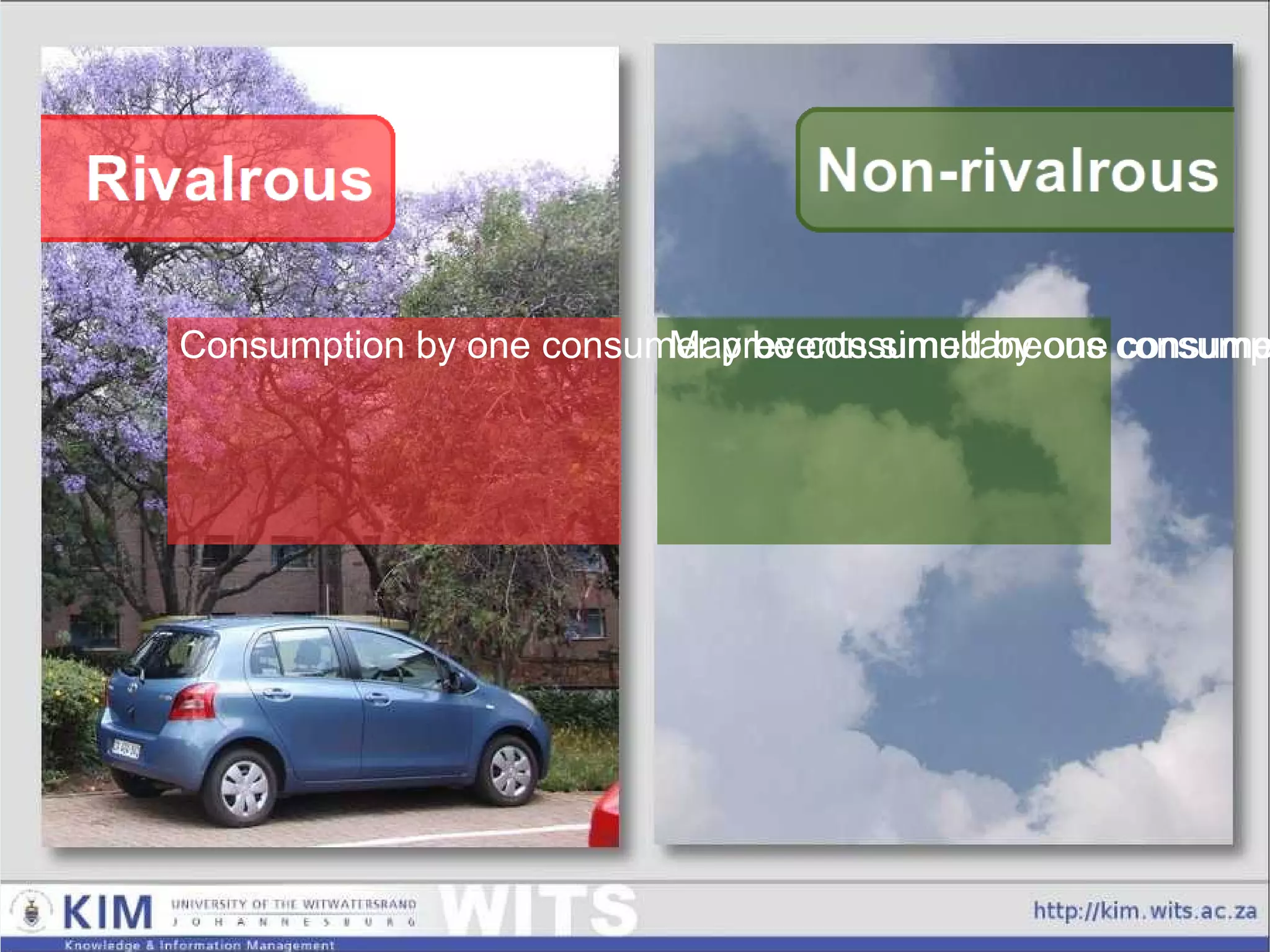 May be consumed by one consumer without preventing simultaneous consumption by others Consumption by one consumer prevents simultaneous consump-tion by other consumers 