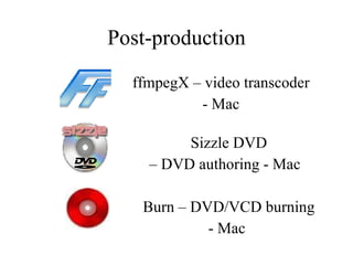 Post-production ffmpegX – video transcoder - Mac Sizzle DVD  – DVD authoring - Mac Burn – DVD/VCD burning - Mac 