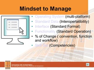 Mindset to Manage Operating System  (multi-platform)‏ Standard Data  (Interopertatibility)‏ Interface  (Standard Format)‏ Functionality  (Standard Operation)‏ % of Change ( convention, function and workflow)‏ Skill Set  (Competencies)‏ 