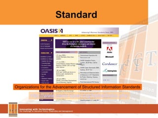 Standard http://www.oasis-open.org/home/index.php Organizations for the Advancement of Structured Information Standards 