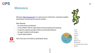 Monasca (http://monasca.io/) is a open-source multi-tenant, massively scalable,
fault-tolerant monitoring-as-a-service solution.
Main features:
- An event driven architecture.
- A set of REST APIs for high-speed event processing and querying.
- A real-time streaming engine (alarms and transformations)..
- An agent (collector) with plugins.
- A push based system.
Part of the (but not limited to) OpenStack family.
Monasca
 