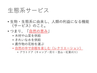 生態系サービス
• 生物・生態系に由来し、人類の利益になる機能
（サービス）のこと。
• つまり、「自然の恵み」
• 木材や山菜を供給
• きれいな水を供給
• 農作物の花粉を運ぶ
• 自然の中で余暇を楽しむ（レクリエーション）
• アウトドア（キャンプ・釣り・登山・紅葉刈り）
 