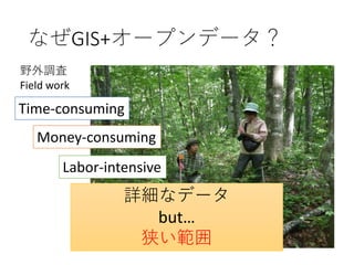 なぜGIS+オープンデータ？
Time-consuming
Labor-intensive
Money-consuming
詳細なデータ
but…
狭い範囲
野外調査
Field work
 