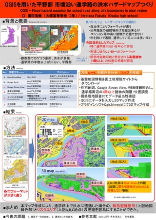 本マップ作成により、通学路上で洪水に遭遇した場合の、緊急避難箇所（上記地図
緑色部）とリスクエリア（上記A,B,C地点）の把握を容易にすることができた。
QGISを用いた平野部 市境沿い通学路の洪水ハザードマップつくり
■今後の課題
■背景と概...