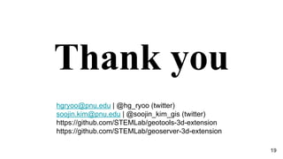 Thank you
19
hgryoo@pnu.edu | @hg_ryoo (twitter)
soojin.kim@pnu.edu | @soojin_kim_gis (twitter)
https://github.com/STEMLab/geotools-3d-extension
https://github.com/STEMLab/geoserver-3d-extension
 