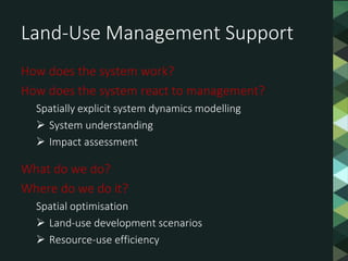 Land-Use Management Support
How does the system work?
How does the system react to management?
Spatially explicit system dynamics modelling
 System understanding
 Impact assessment
What do we do?
Where do we do it?
Spatial optimisation
 Land-use development scenarios
 Resource-use efficiency
 