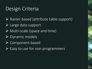 Design Criteria
 Raster-based (attribute table support)
 Large data support
 Multi-scale (space and time)
 Dynamic models
 Component-based
 Easy to use for non-programmers
 